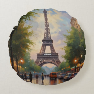 Eiffel Tower Paris Travel Vintage Retro Art Round Cushion