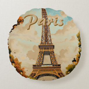 Eiffel Tower Paris Travel Vintage Style Retro Art Round Cushion
