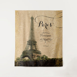 Eiffel Tower Paris Vintage Map Gold Dots Monogram Tapestry