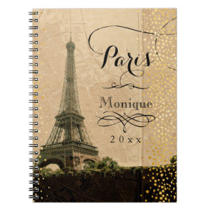 Eiffel Tower Paris Vintage Map Gold Monogram Photo Notebook