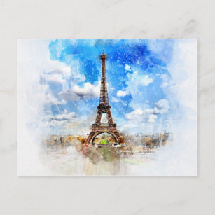 Eiffel Tower, Paris vintage watercolor postcard