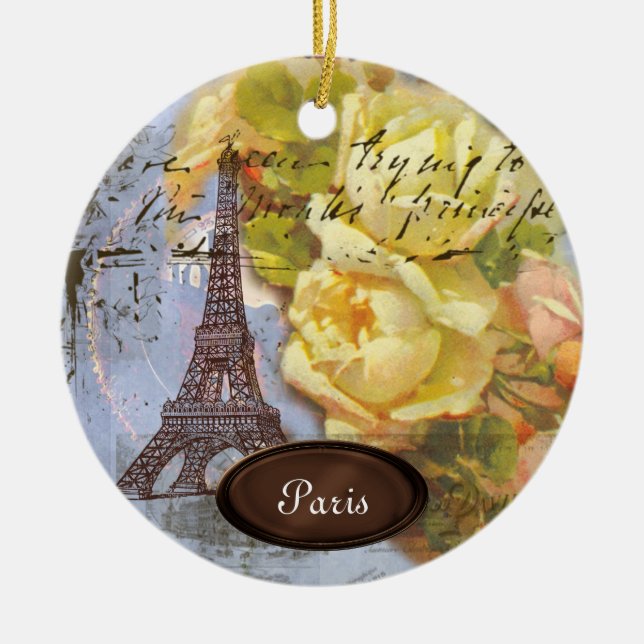 Eiffel Tower Paris Yellow Roses Christmas Ornament (Front)