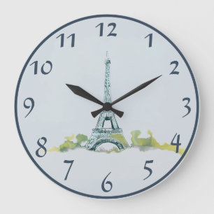 Eiffel Tower Pen and Ink Sketch on Gray/Blue Large Clock