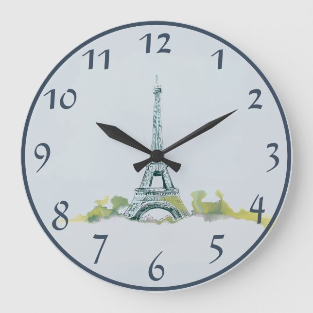 Eiffel Tower Pen and Ink Sketch on Grey/Blue Large Clock (Front)
