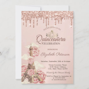 Eiffel Tower Peonies Rose Gold Drips Quinceañera Invitation