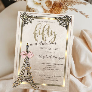 Eiffel Tower,Pink Bow Border 50th Birthday Party  Invitation