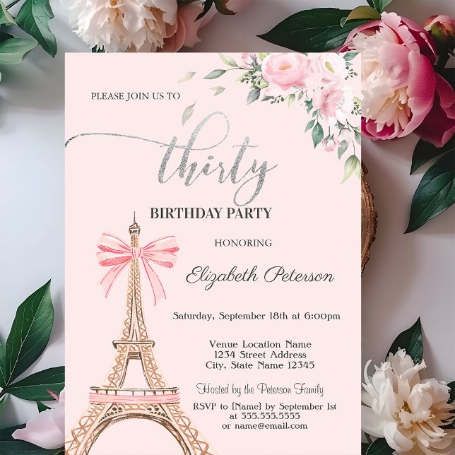 Eiffel Tower Pink Bow Flowers 30th Birthday Invitation (Creator Uploaded)