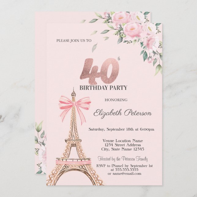Eiffel Tower Pink Bow Flowers 40th Birthday Invitation (Front/Back)