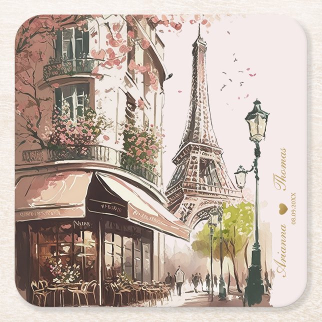 Eiffel Tower Pink Cherry Blossoms Parisian Cafe Square Paper Coaster (Front)