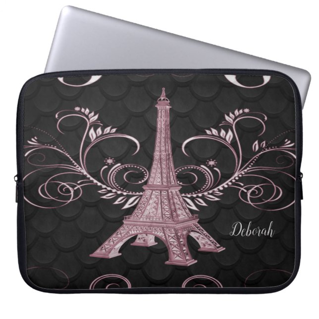 Eiffel Tower Pink Floral Swirls Laptop Sleeve (Front)
