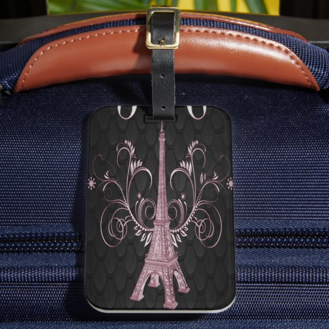 Eiffel Tower Pink Floral Swirls Luggage Tag (Front Insitu 2)