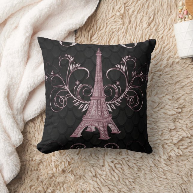 Eiffel Tower Pink Floral Swirls Pillow (Blanket)