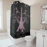Eiffel Tower Pink Floral Swirls Shower Curtain