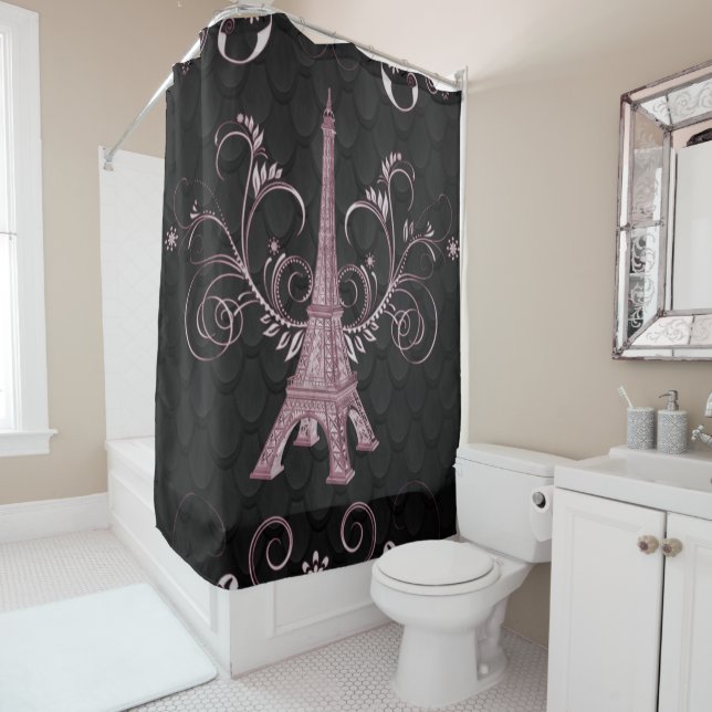 Eiffel Tower Pink Floral Swirls Shower Curtain (In Situ)