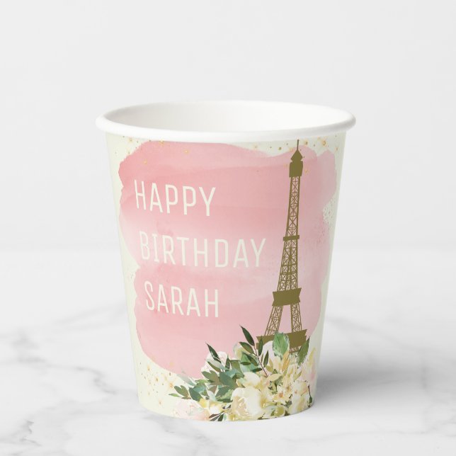 Eiffel Tower Pink Gold Glitter Happy Birthday Paper Cups (Front)