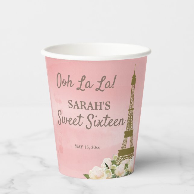 Eiffel Tower Pink Gold Sweet 16 Paper Cups (Front)