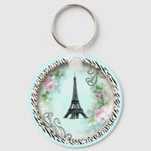 Eiffel Tower Pink Roses and Zebra Print Key Ring