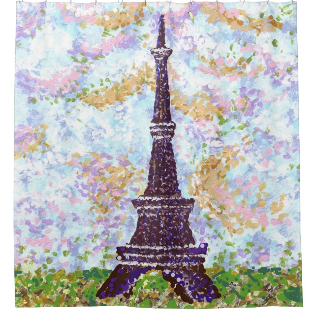 Eiffel Tower Pointillism Grass Cloud Sky Landscape Shower Curtain (Front)