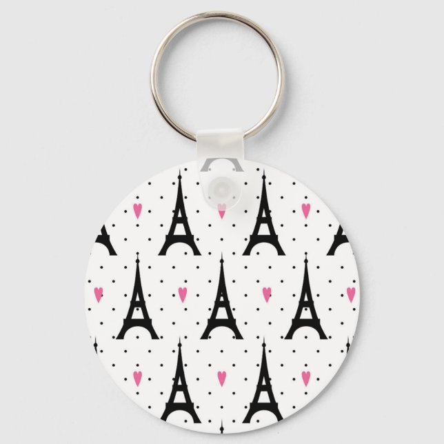 Eiffel Tower Polka Dots & Hearts Pattern Key Ring (Front)