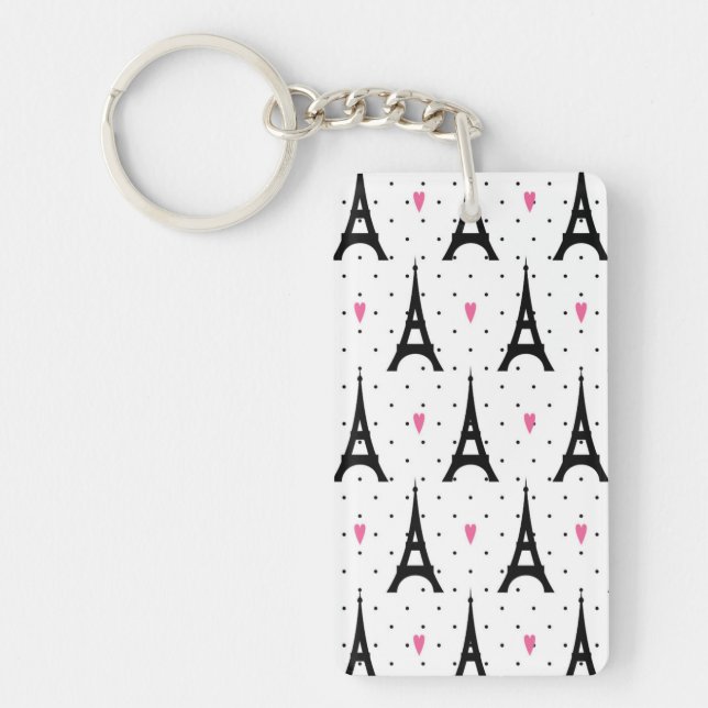 Eiffel Tower Polka Dots & Hearts Pattern Key Ring (Front)