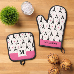 Eiffel Tower Polka Dots & Hearts Pattern Oven Mitt & Pot Holder Set