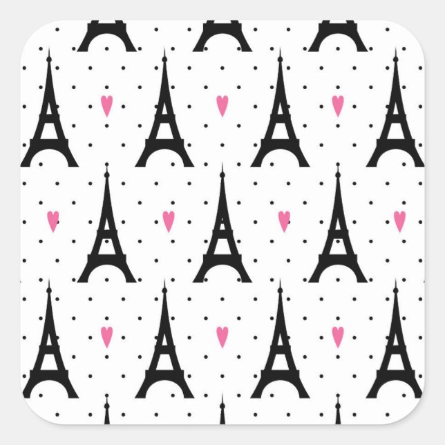 Eiffel Tower Polka Dots & Hearts Pattern Square Sticker (Front)