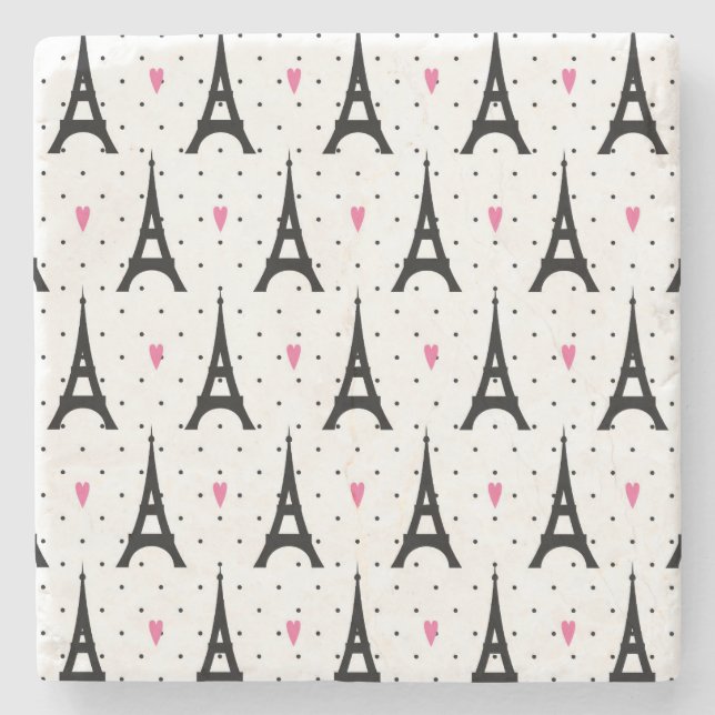 Eiffel Tower Polka Dots & Hearts Pattern Stone Coaster (Front)
