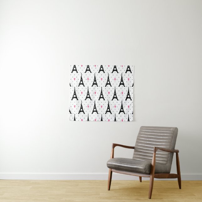 Eiffel Tower Polka Dots & Hearts Pattern Tapestry (In Situ (Horizontal))
