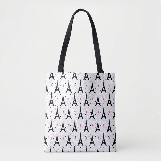 Eiffel Tower Polka Dots & Hearts Pattern Tote Bag (Front)