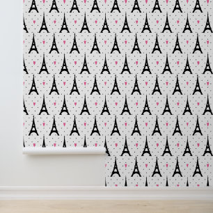 Eiffel Tower Polka Dots & Hearts Pattern Wallpaper