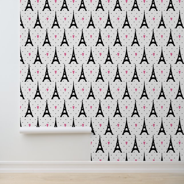 Eiffel Tower Polka Dots & Hearts Pattern Wallpaper (Application)