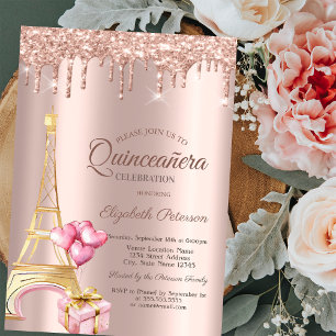 Eiffel Tower Present Balloons Rose Gold Drips  Invitation