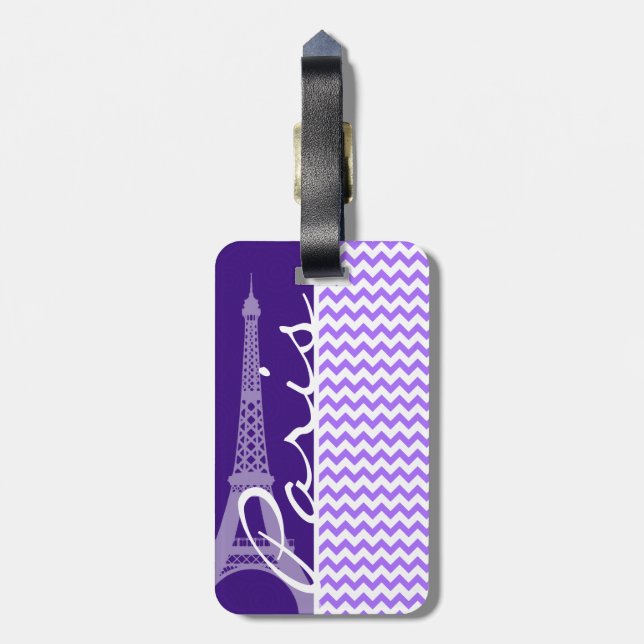 Eiffel Tower; Purple Chevron Luggage Tag (Back Vertical)