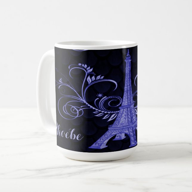 Eiffel Tower Purple Floral Swirls Coffee Mug (Front Left)