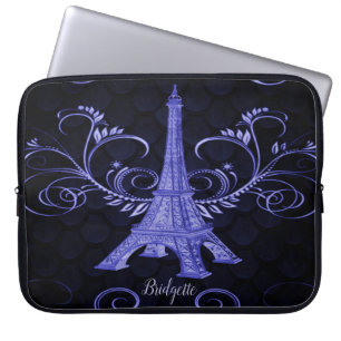 Eiffel Tower Purple Floral Swirls Laptop Sleeve