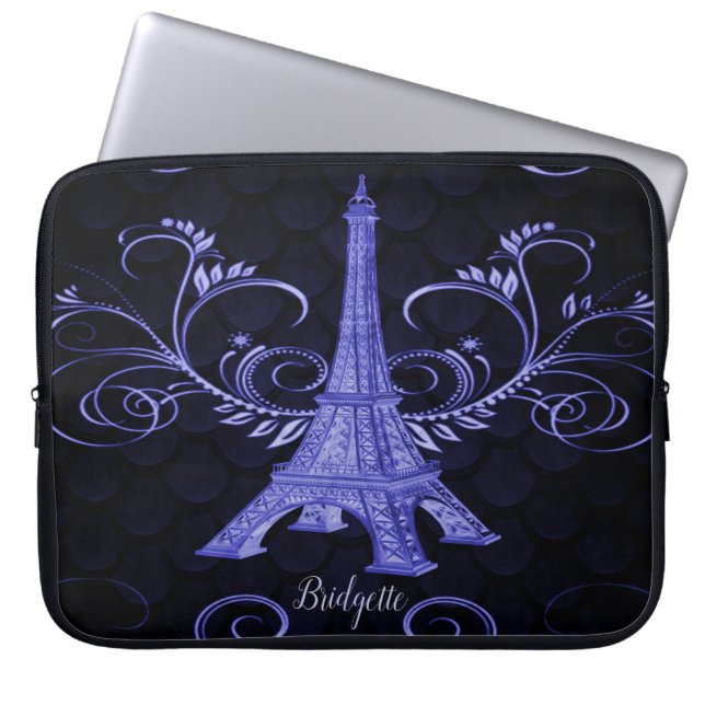 Eiffel Tower Purple Floral Swirls Laptop Sleeve (Front)