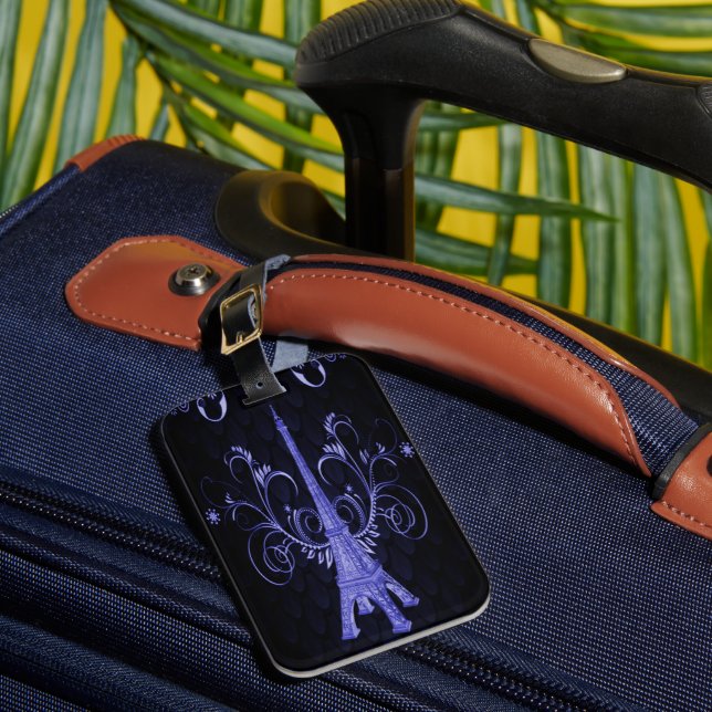 Eiffel Tower Purple Floral Swirls Luggage Tag (Front Insitu 1)