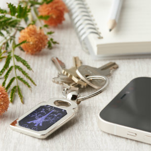 Eiffel Tower Purple Floral Swirls Metal Keychain