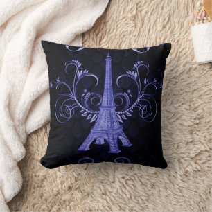 Eiffel Tower Purple Floral Swirls Pillow