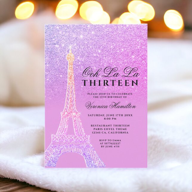 Eiffel tower purple glitter pink chic thirteen invitation (Eiffel tower purple glitter pink chic thirteen invitation)