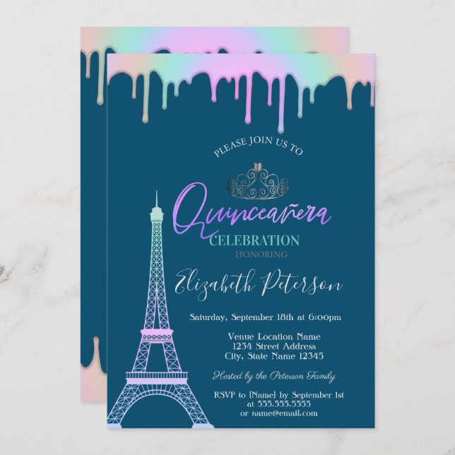  Eiffel Tower,Rainbow Drips Blue Quinceañera Invitation (Front/Back)