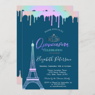 Eiffel Tower,Rainbow Drips Blue Quinceañera Invitation