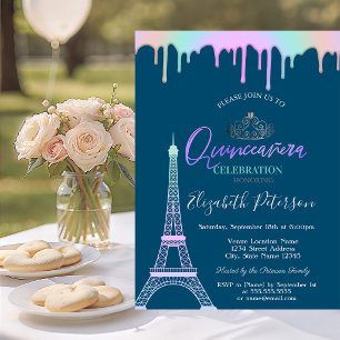 Eiffel Tower,Rainbow Drips Blue Quinceañera Invitation
