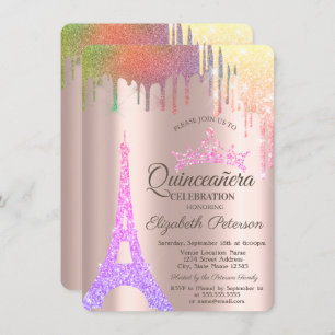 Eiffel Tower,Rainbow Drips Rose Gold Quinceañera Invitation