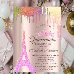  Eiffel Tower,Rainbow Drips Rose Gold Quinceañera Invitation