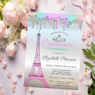 Eiffel Tower,Rainbow Drips Silver Quinceañera Invitation