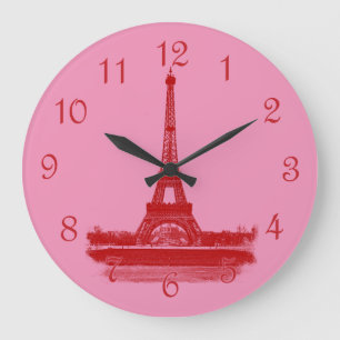 Eiffel Tower Red And Pink Large Clock