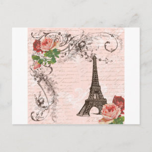 Eiffel Tower Red & Pink Rose Postcard