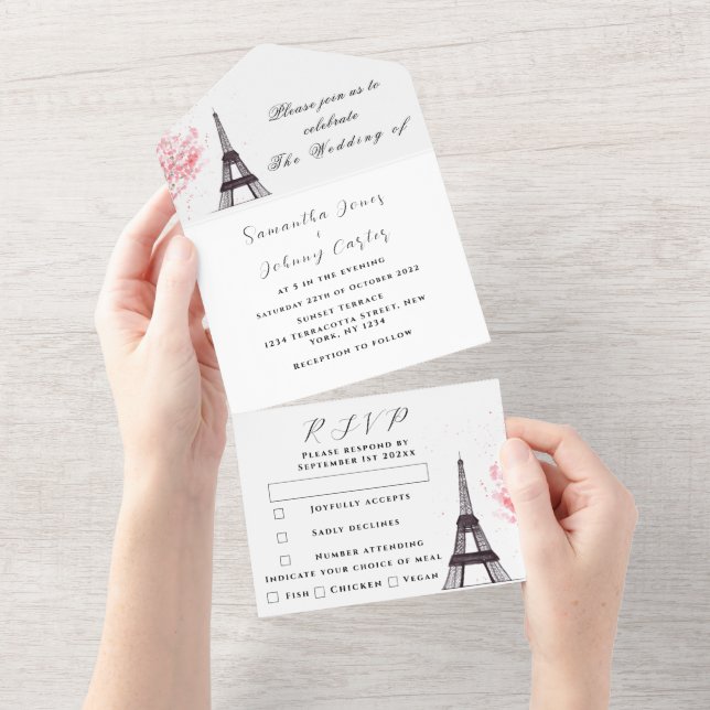 Eiffel Tower Romantic Paris Rustic Modern Wedding All In One Invitation (Tearaway)