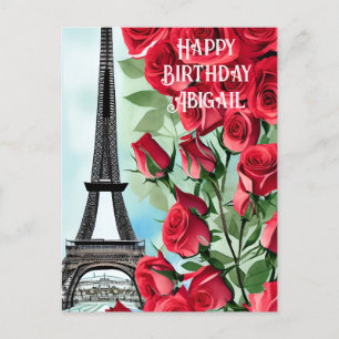 Eiffel Tower Romantic Red Roses Happy Birthday Postcard